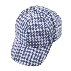 Macro detail of blue and white houndstooth pattern fabric on a winter baseball cap