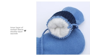 Detail view of double-layer knit gloves with soft mohair lining for toddler warmth