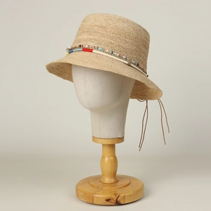 Handwoven raffia straw sun hat for women with ethnic colorful beaded band and tassels