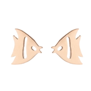 Polished rose gold stainless steel earrings featuring a tropical fish shape on white background