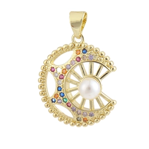 18K gold-plated crescent moon and sun pendant with colorful gemstones and pearl inlay