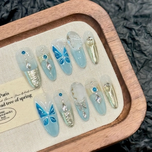 Handmade Blue Butterfly Press On Nails Ice Transparent Rhinestone Long Almond Artificial Fingernails Luxury Elegant Women
