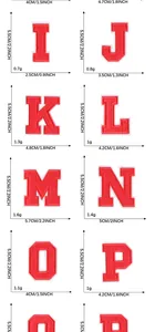 Size chart showing dimensions of 5.5cm tall embroidered red alphabet patches I to P