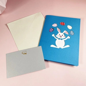 3D pop-up Easter greeting card with rabbit flower basket and matching envelope set