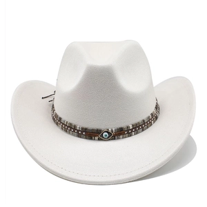 Detail of white fedora cowboy hat with woven band and blue evil eye charm embellishment