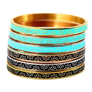 Stainless Steel Enamel Flower Bangle For Women Daisy Pattern Hinge Opening Oval Bracelet Fashion Jewelry