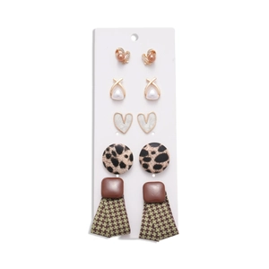 10-piece set of geometric leather and pearl earrings featuring leopard and heart designs