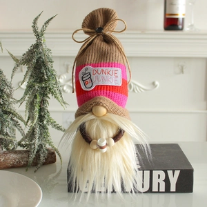 Adorable faceless gnome plush doll with a knitted coffee-themed hat and long beard