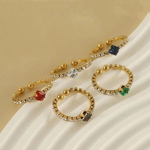 Set of five 18k gold plated stainless steel open rings with colorful square zircons