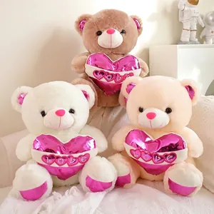 Soft Teddy Bear Plush Toy With Metallic Pink Heart Love Embroidery Decorative Stuffed Animal For Birthday Valentine Gift