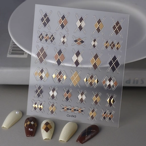 5D Embossed Nail Art Stickers Retro Argyle Geometric Pattern Gold Stamping Waterproof Self Adhesive Manicure Decals