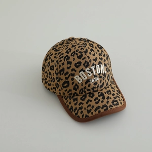 Detail of leopard print baseball cap featuring white Boston 1630 embroidery and bound edge