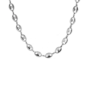 Minimalist silver stainless steel coffee bean link necklace with polished oval finish