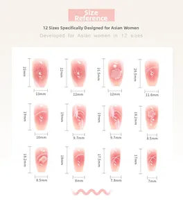 Size chart for 12-piece camellia press-on nails in different widths and lengths