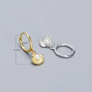 Hoop earrings with shell pendant and pearl inlay, 20.3mm length in gold and silver