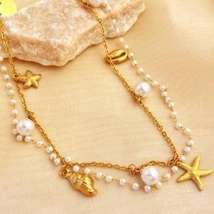 Gold-plated star and shell double-layer pearl necklace with ocean-themed charms