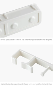 Detail of white wall-mounted umbrella rack with water drip tray and storage hooks