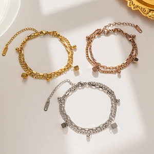 Double Layer Bracelet Stainless Steel 18K Gold Plated Bead Cube Pendant Adjustable Chain Fashion Jewelry For Women