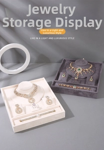 Close-up of velvet jewelry display trays with necklace hooks and ring storage slots