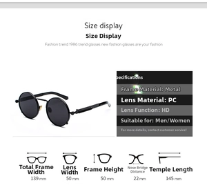 Detailed size specifications for steampunk sunglasses with metal frame and PC lenses