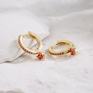 18K gold plated hoop earrings with red pear-cut stones and zircon inlay on stone