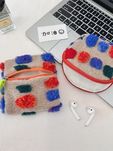 Mini Makeup Pouch Plush Fleece Bag With Colorful Pompoms Contrast Color Zip Coin Purse Earphone Holder Retro Aesthetic Bag