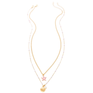Bohemian gold double-layer necklace with pink starfish, sea shell and pearls