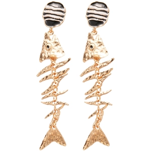 Unique gold fishbone earrings with black and white striped detail and hammered texture finish
