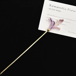 Elegant purple lily flower hair stick with gold finish for Chinese style hair styling