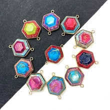 Macro detail of hexagonal natural stone connectors with colorful gems and metal trim