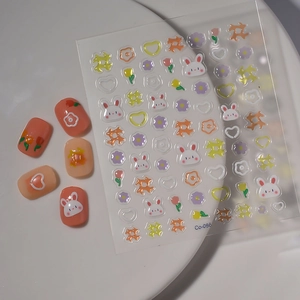 Close-up of 3D embossed nail stickers featuring cute rabbit and tulip designs Co-086