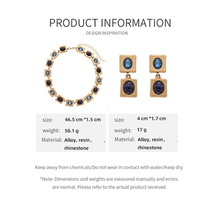 Detailed product specifications for vintage resin and rhinestone square jewelry set
