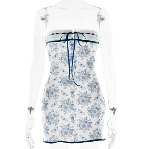 Floral print strapless mini dress with blue butterfly patterns and lace trim detail