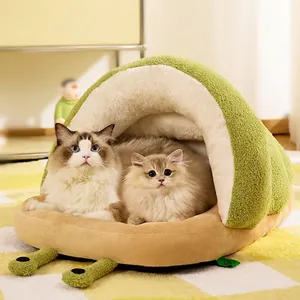 Semi-enclosed cute snail shape warm plush cat bed for indoor small dogs and kittens