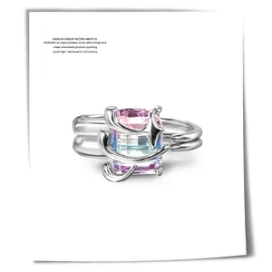 Women Copper Open Ring Gradient Zircon Rectangle Star Liquid Metal Adjustable Niche Design Fashion Accessory