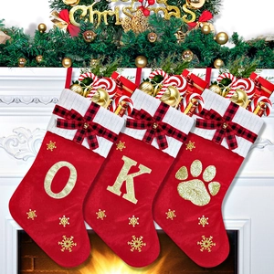 Christmas Stocking Personalized Alphabet Letter Red Velvet White Knit Plaid Bow Gold Snowflake Hanging Xmas Decor