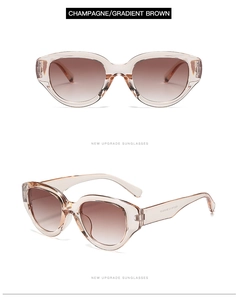 Front and side views of champagne oval sunglasses with gradient brown lenses