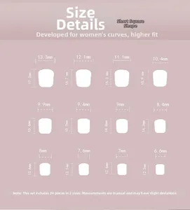Size chart showing 24 pieces of short square press-on nails in 12 various dimensions