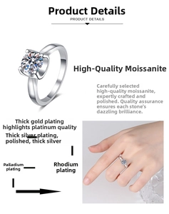 Detail of Moissanite ring featuring classic prong setting and rhodium plating process
