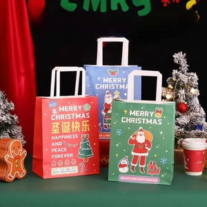 Three-color Christmas gift bags with festive Santa, reindeer, and snowman illustrations