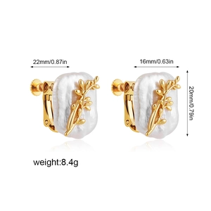 Detailed view of gold branch-designed pearl clip-on earrings with size measurements