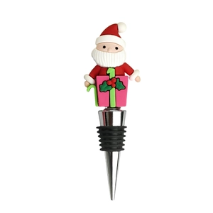 Detailed view of Santa Claus wine stopper with pink gift box and rubber seal rings