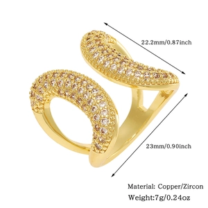 Detail view of gold zircon ring showing dimensions 23mm and material copper weight 7g
