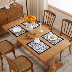 Set of 4 vintage cotton linen placemats with blue floral prints and lace edges