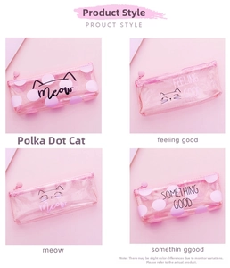 Detail of four pink semi-transparent cat pencil cases with polka dots and zip closure