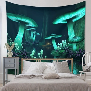 Detail of bohemian mushroom tapestry with glowing fantasy forest print on bedroom wall