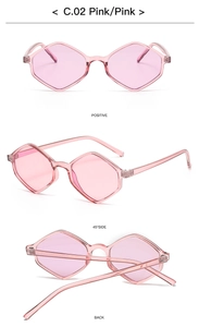 Detailed views of pink geometric sunglasses including front, side, and back profiles