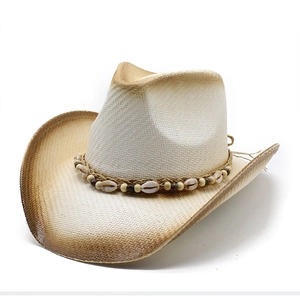 Classic straw western cowboy hat with gradient brim and bohemian shell beaded band