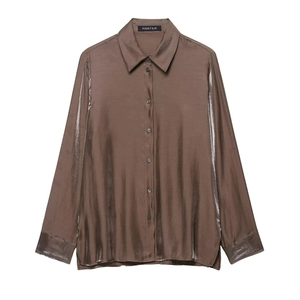 Women Long Sleeve Blouse Shirt Satin Satin Luster Button Down Casual Fashion Coffee Brown