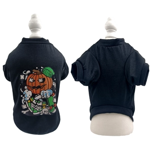 Front and back view of black dog T-shirt with Halloween pumpkin and skull prints